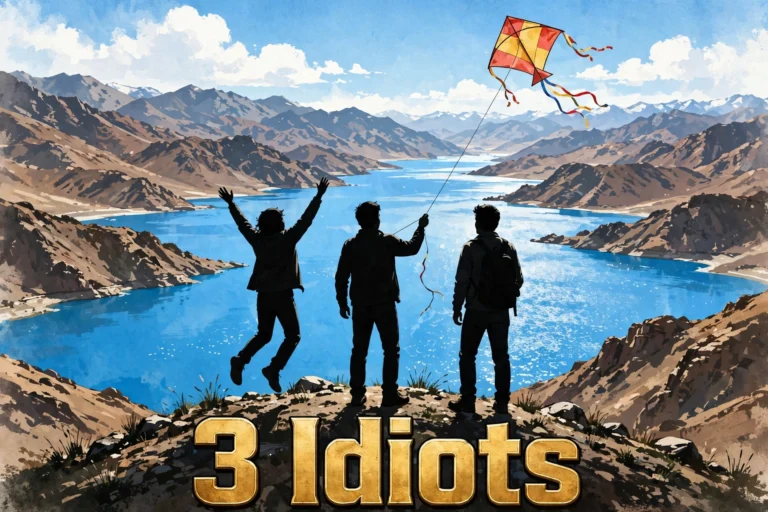 Original artwork of three college friends riding a scooter together through a mountain road at sunrise, inspired by 3 Idiots