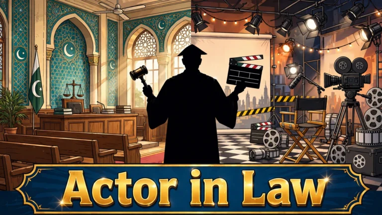 Original artwork of a young lawyer performing theatrically in a crowded courtroom while his stern father watches, inspired by Actor in Law