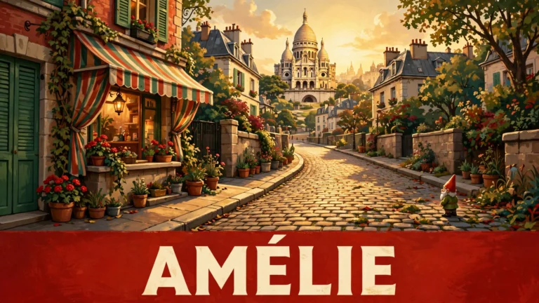 Original artwork of a young Parisian woman with a short dark bob in a red sweater smiling mischievously in a sunlit Montmartre café with green and gold tones, inspired by Amélie