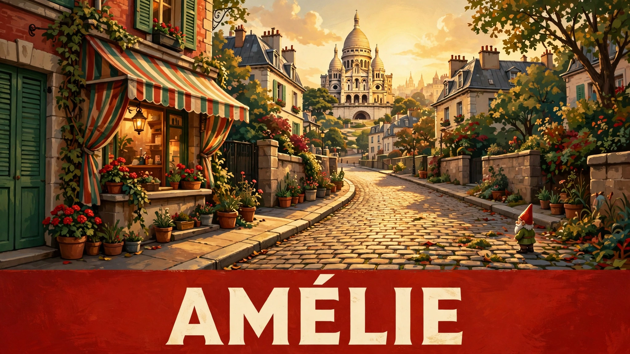 Original artwork of a young Parisian woman with a short dark bob in a red sweater smiling mischievously in a sunlit Montmartre café with green and gold tones, inspired by Amélie