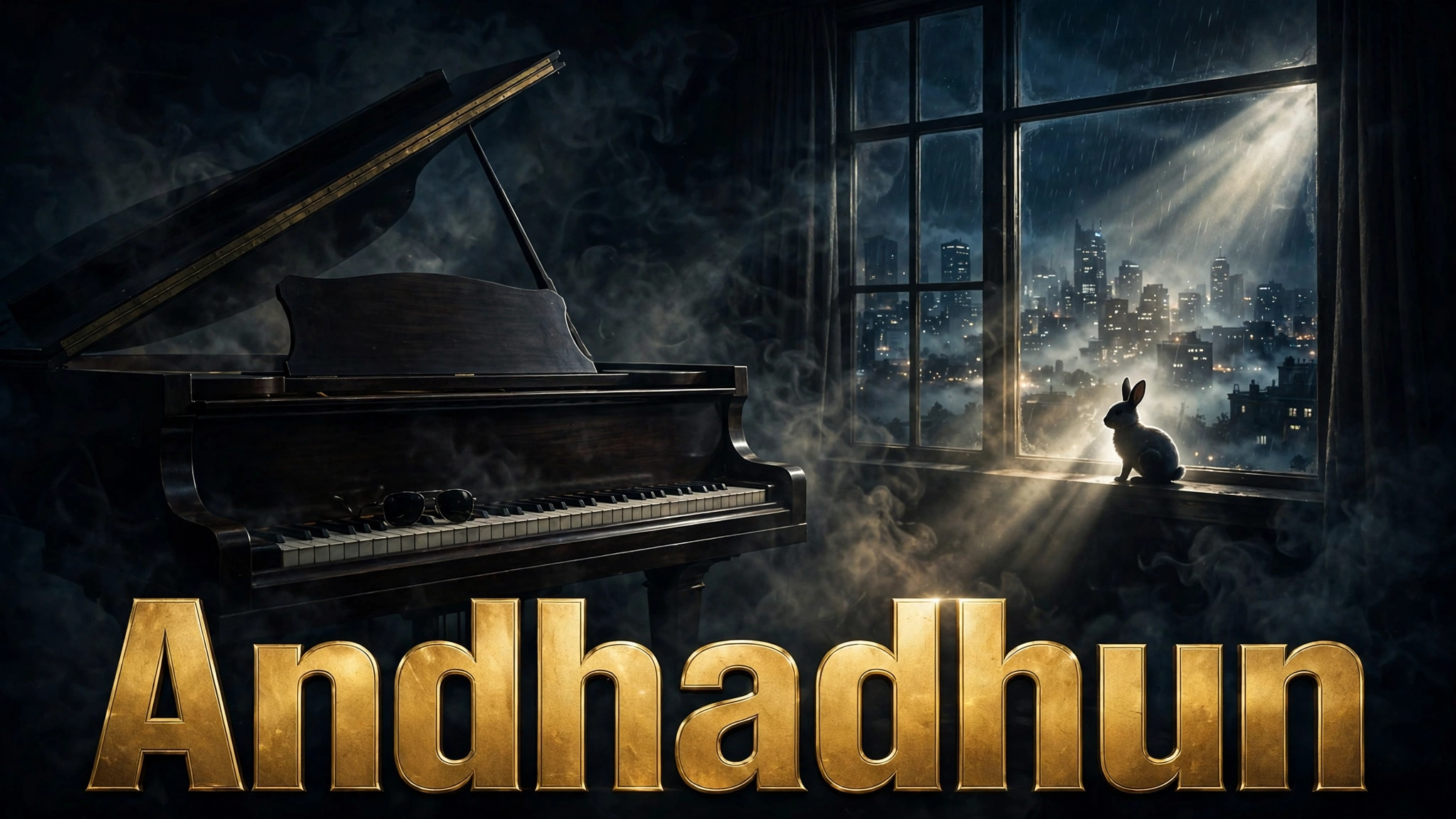 Original artwork of a pianist playing in a dim apartment while a shadow watches from the doorway, inspired by Andhadhun