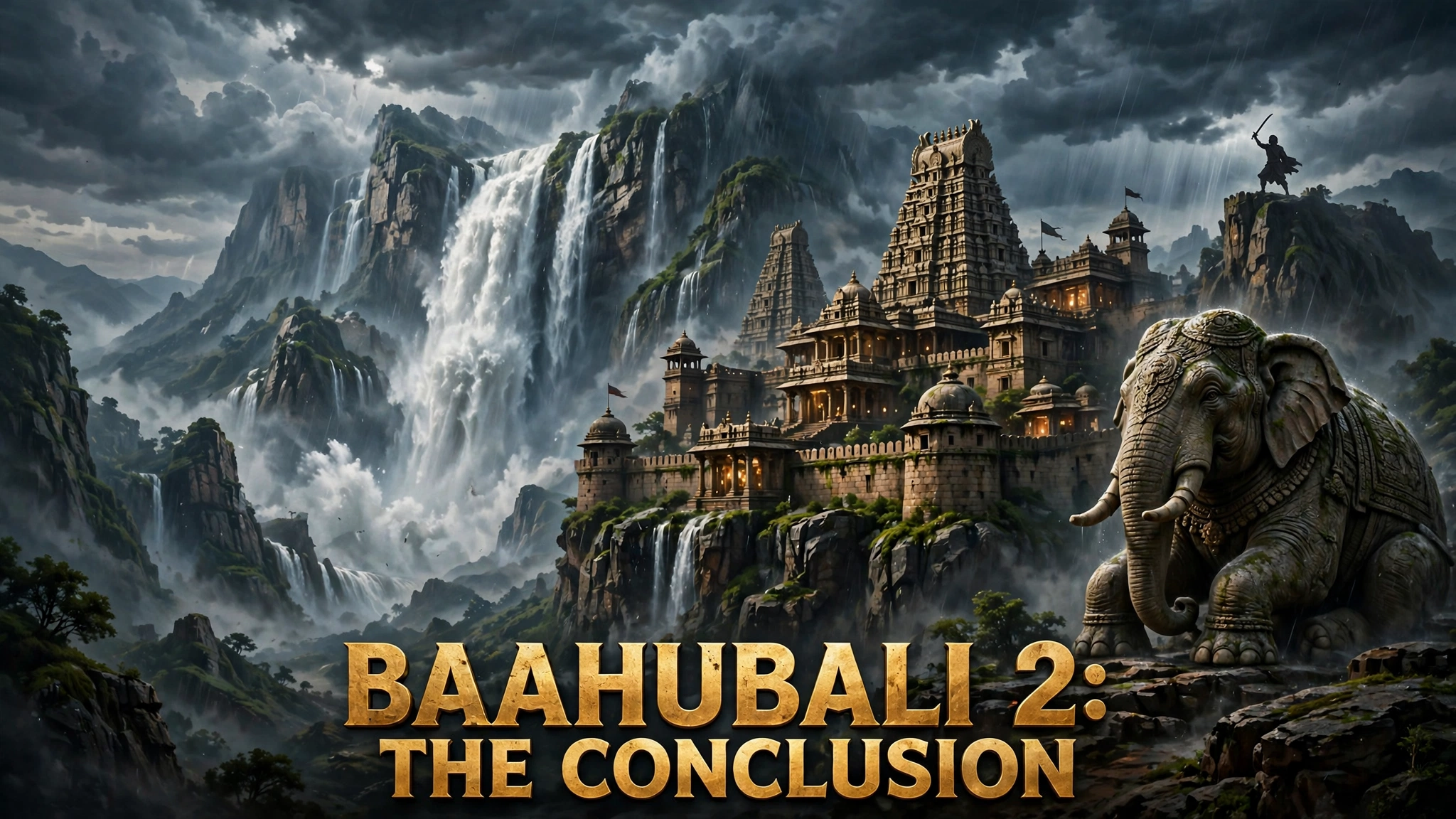 Original artwork of a mighty warrior king raising a sword before a golden palace and a roaring waterfall kingdom, inspired by Baahubali 2 The Conclusion