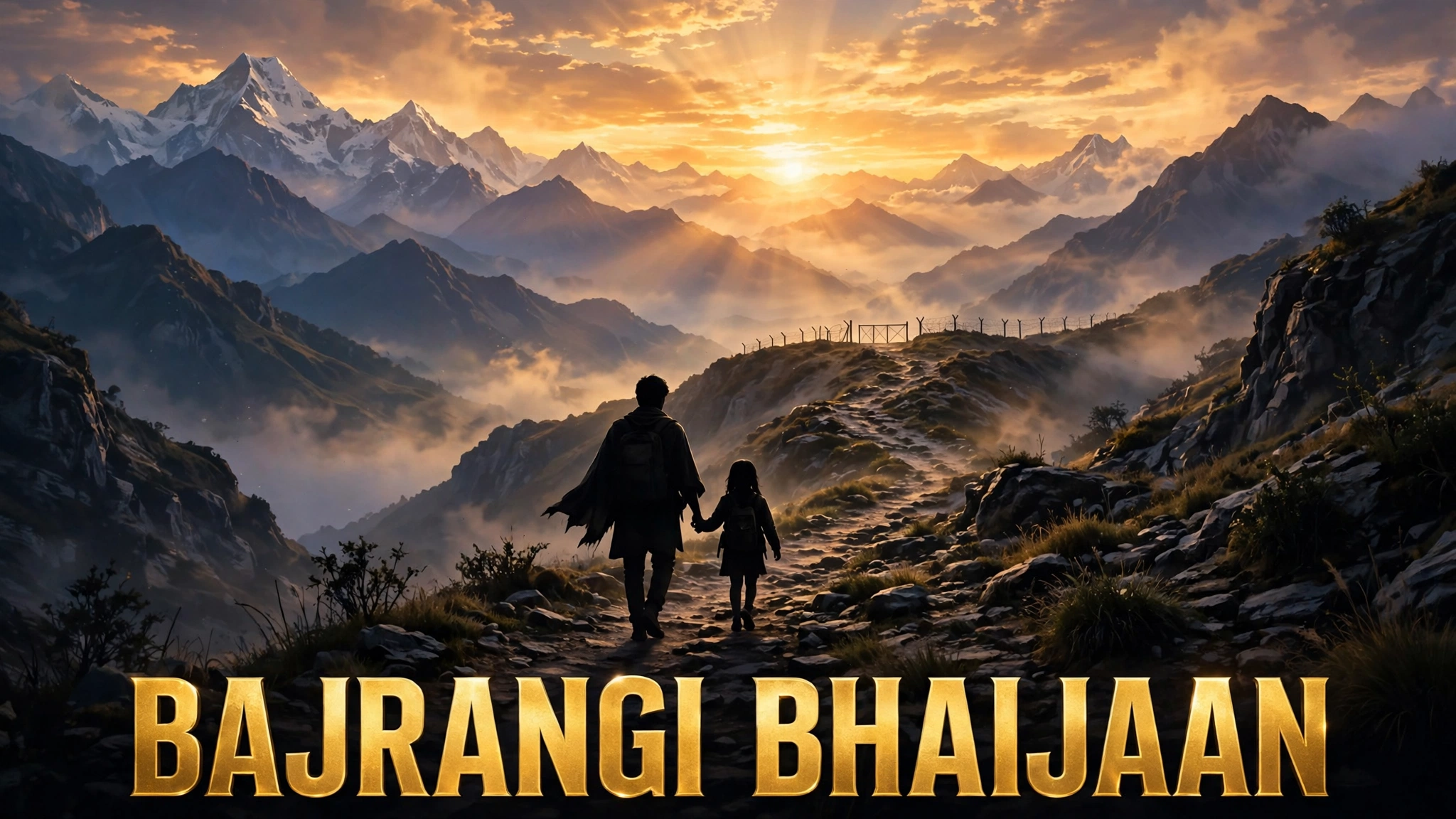 Original artwork of a kind man holding a small lost girl's hand at a crowded railway station at dusk, inspired by Bajrangi Bhaijaan
