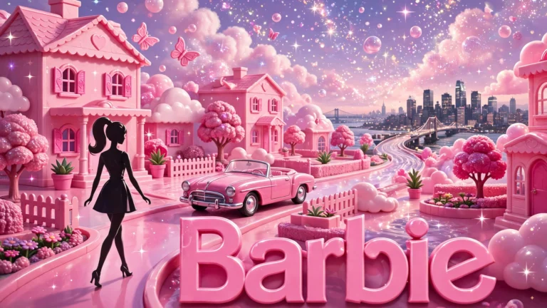 Original artwork of a blonde doll in a pink dream house looking towards a distant real city skyline, inspired by Barbie