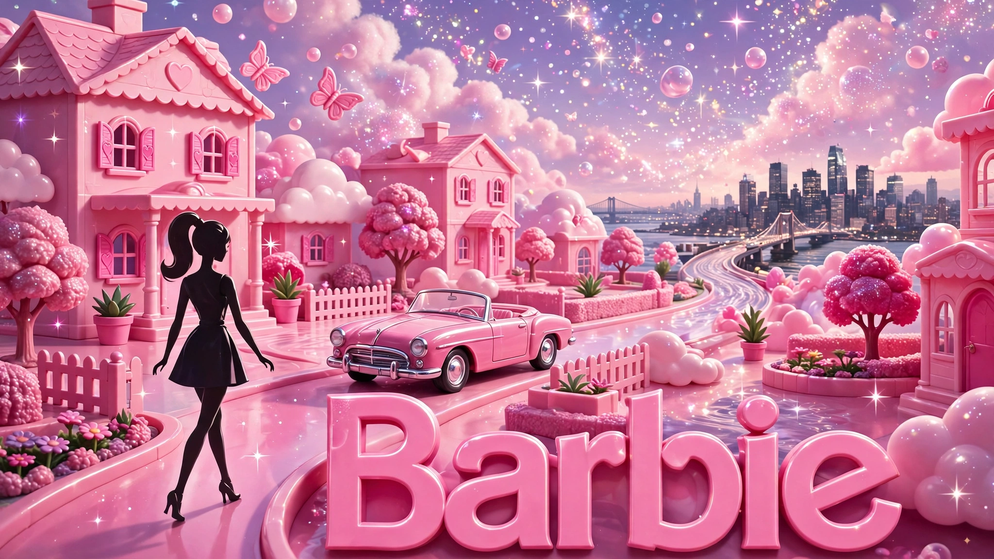 Original artwork of a blonde doll in a pink dream house looking towards a distant real city skyline, inspired by Barbie