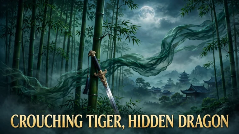 Original artwork of two warriors duelling on swaying bamboo treetops above a misty forest, inspired by Crouching Tiger, Hidden Dragon