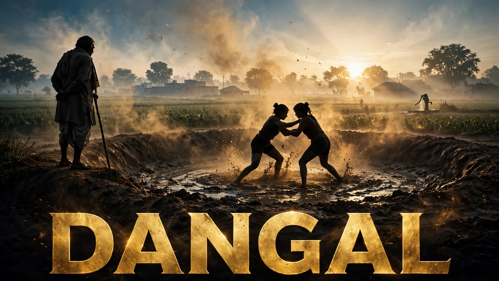 Original artwork of two young women wrestlers training at dawn in a mud pit while their father watches, inspired by Dangal