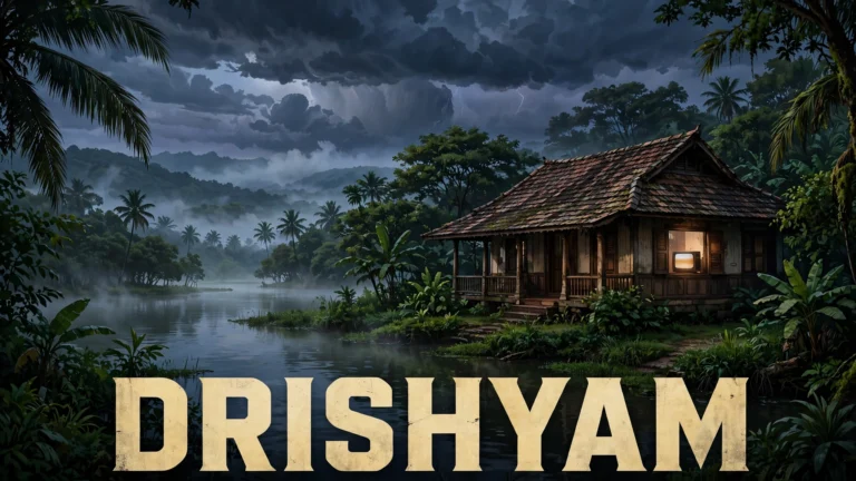 Original artwork of a humble cable-TV operator standing protectively before his family outside a small Kerala home, a police jeep approaching in the distance, inspired by Drishyam