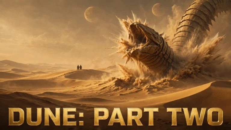 Original artwork of a lone figure facing a giant sandworm across golden desert dunes at sunset, inspired by Dune: Part Two