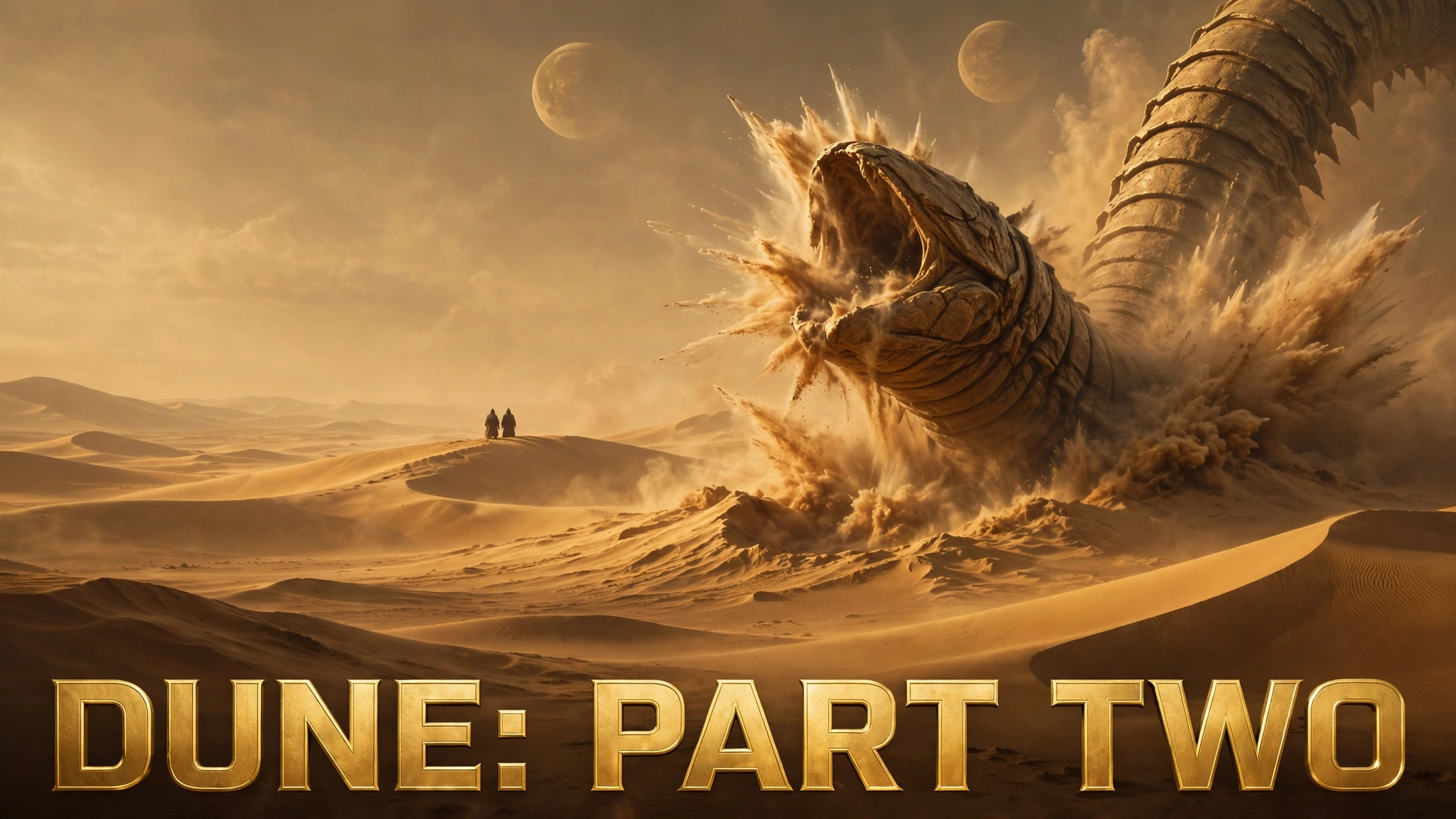 Original artwork of a lone figure facing a giant sandworm across golden desert dunes at sunset, inspired by Dune: Part Two