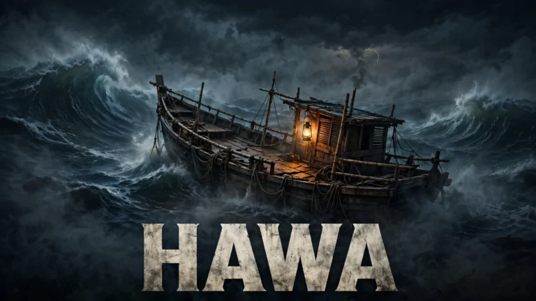 Original artwork of a lone fishing trawler on a dark, misty sea at night with a mysterious young woman standing at its bow, inspired by Hawa