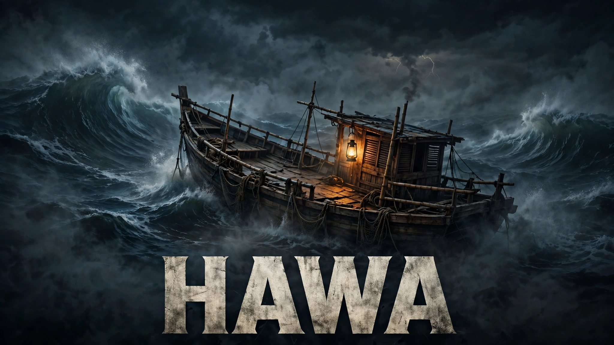Original artwork of a lone fishing trawler on a dark, misty sea at night with a mysterious young woman standing at its bow, inspired by Hawa