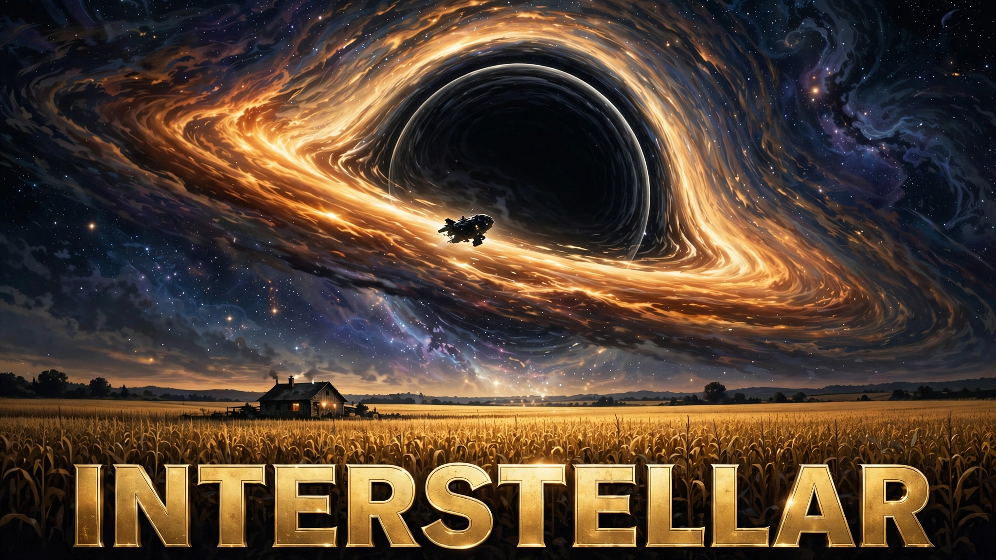 Original artwork of a small spacecraft approaching a glowing ringed planet in deep space, inspired by Interstellar