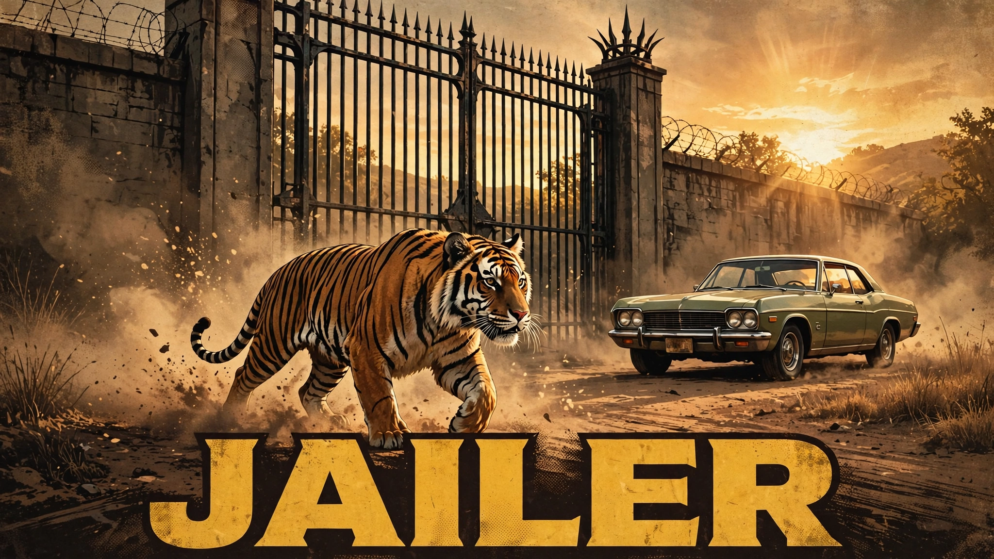 Original artwork of a silver-haired retired jailer in dark glasses smoking calmly while chaos erupts behind him, inspired by Jailer