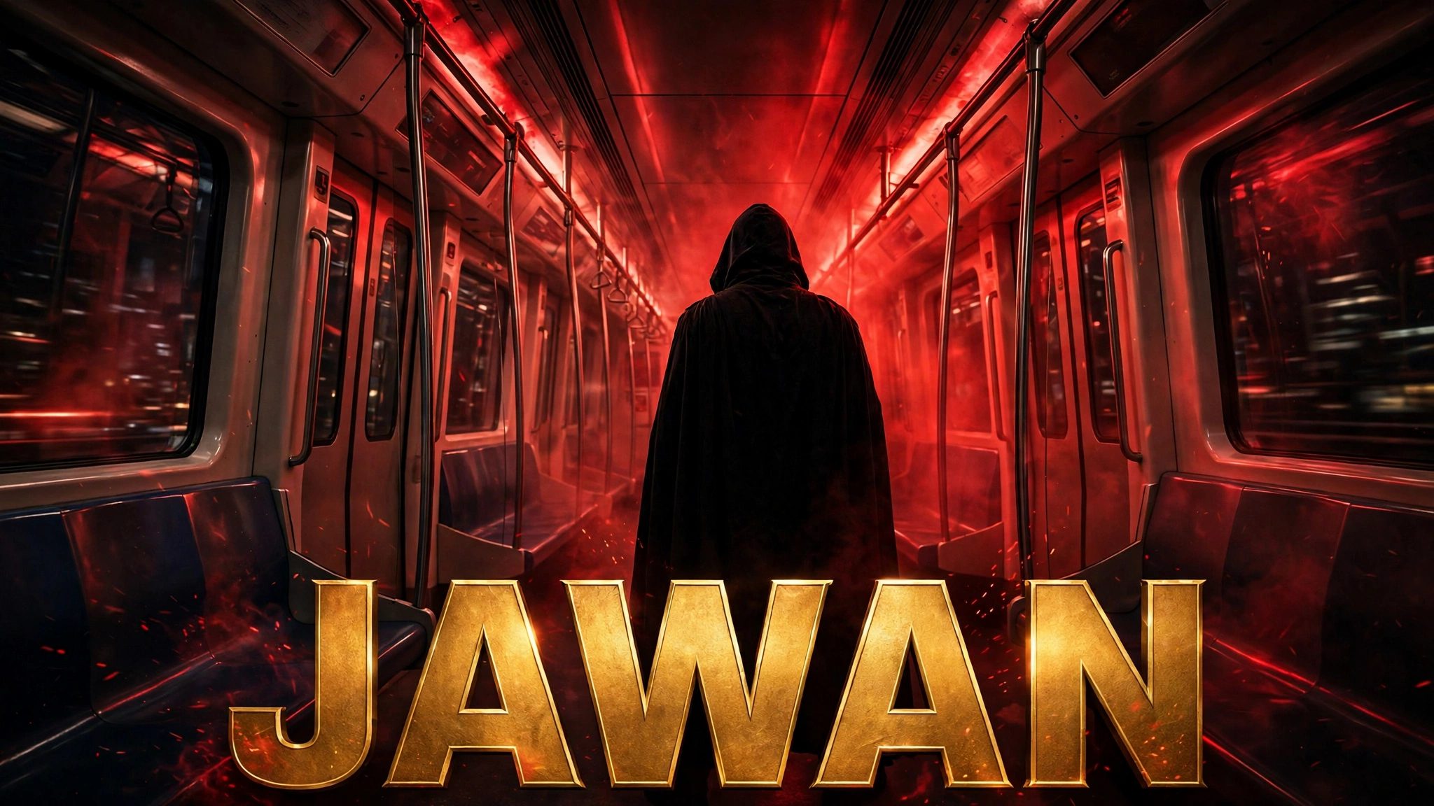 Original artwork of a masked vigilante leader standing before a hijacked metro train at dawn, inspired by Jawan