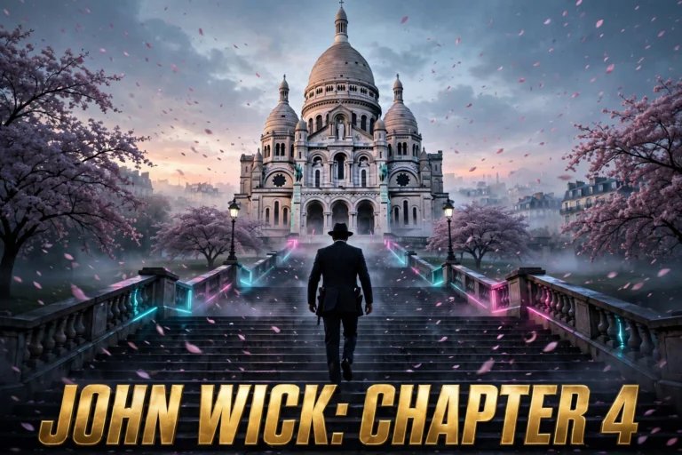 Original artwork of a suited hitman silhouetted against neon-lit Paris steps at dawn, inspired by John Wick: Chapter 4