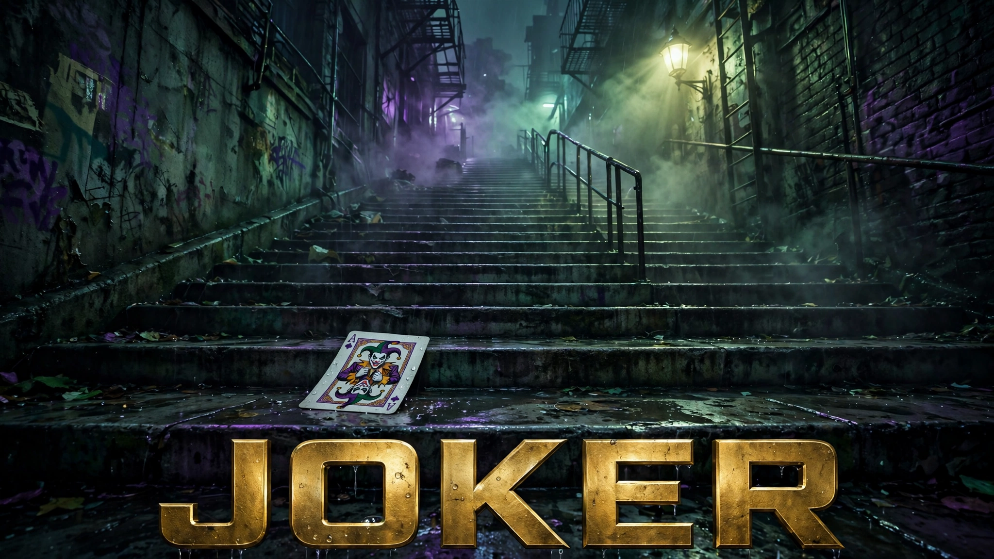 Original artwork of a lonely clown figure descending a city staircase in muted light, inspired by Joker