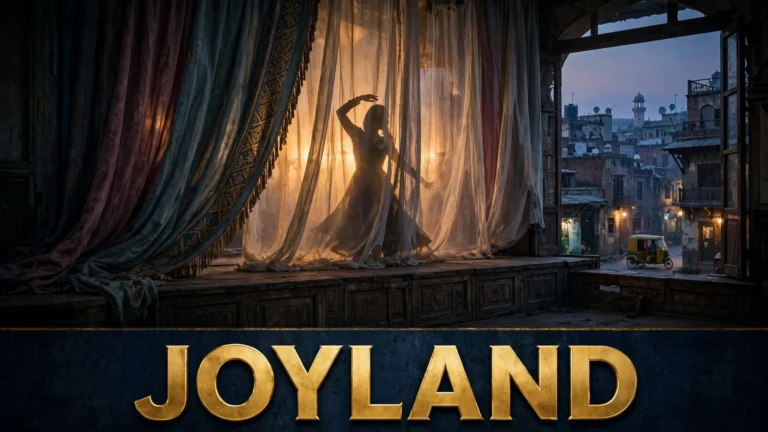 Original artwork of a young dancer under coloured theatre lights in old Lahore, inspired by Joyland