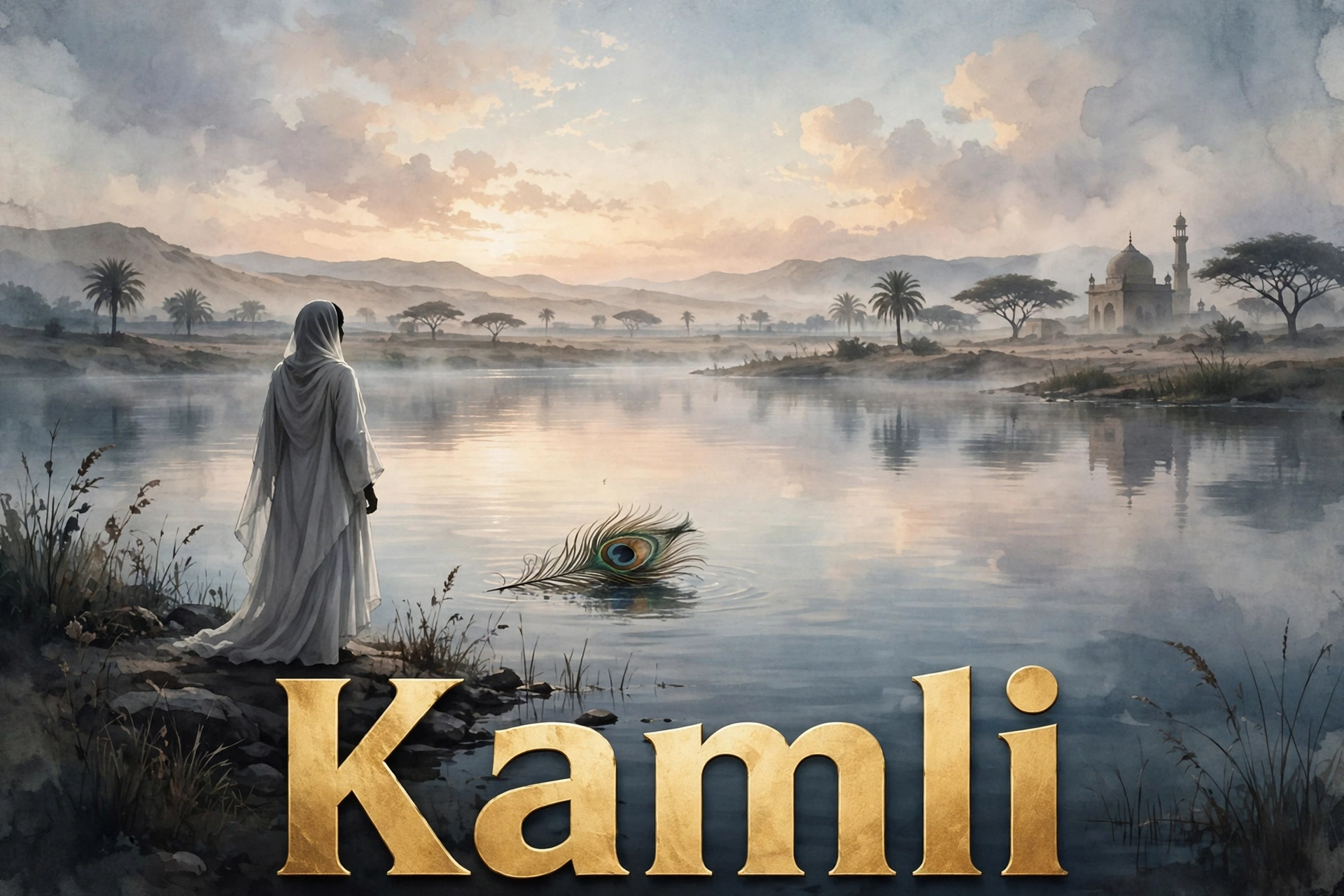 Original artwork of a young woman standing by a quiet lake at dawn with a lone traveller in the distance, inspired by Kamli