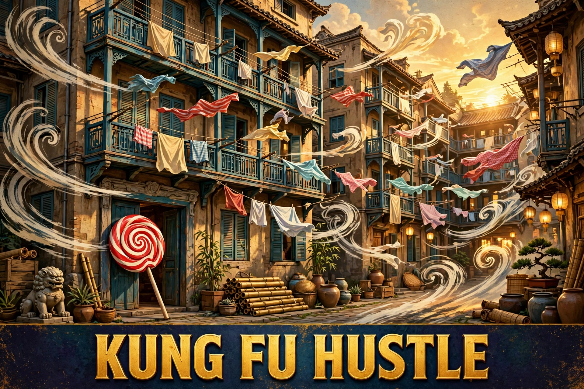 Original artwork of a poor tenement courtyard in 1940s Shanghai with larger-than-life martial artists facing a gang in black suits, inspired by Kung Fu Hustle