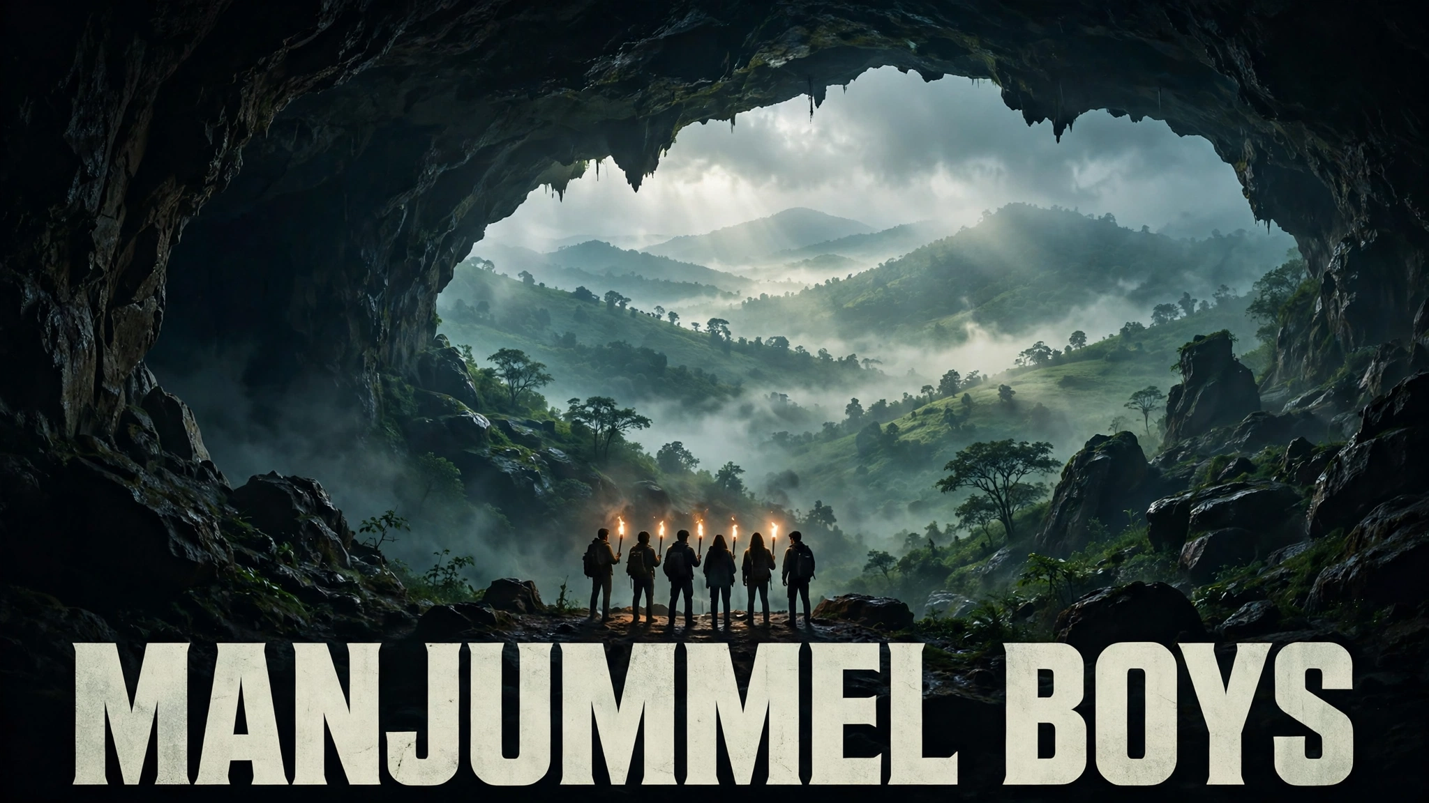 Original artwork of a group of friends with torches at the dark mouth of a forest cave in Kodaikanal, inspired by Manjummel Boys