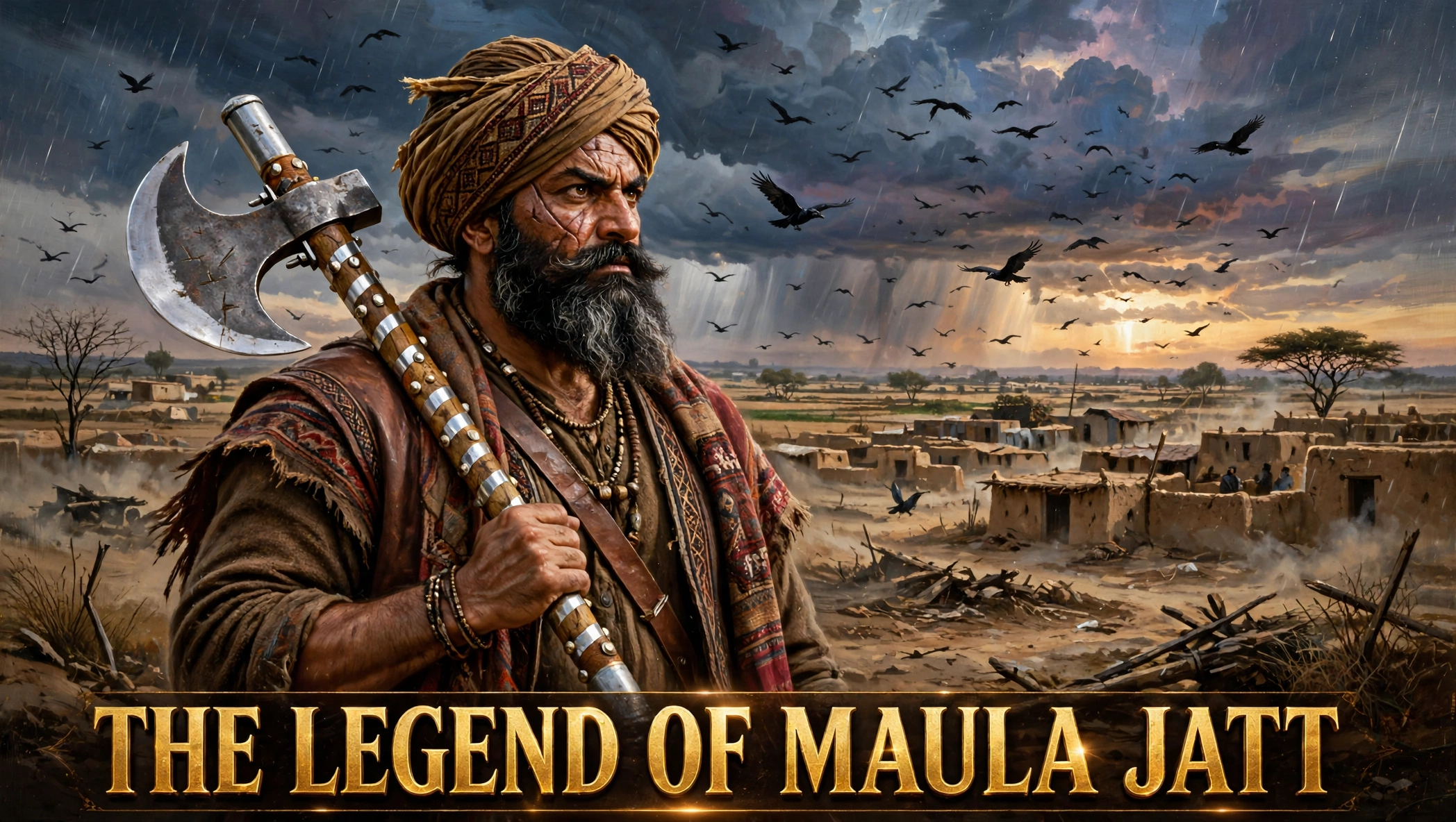 Original artwork of a Punjabi clan warrior holding a gandasa axe on a dusty battlefield at dusk, inspired by The Legend of Maula Jatt