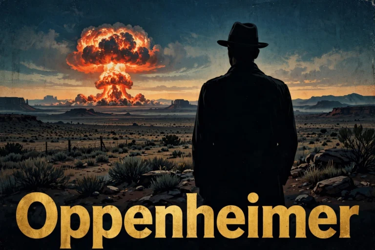 Original artwork of a silhouetted scientist watching a distant desert explosion light up the night sky, inspired by Oppenheimer