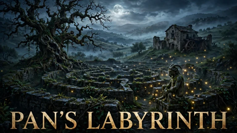 Original artwork of a young girl holding a book at the entrance of an ancient stone labyrinth in a dark forest, inspired by Pan's Labyrinth