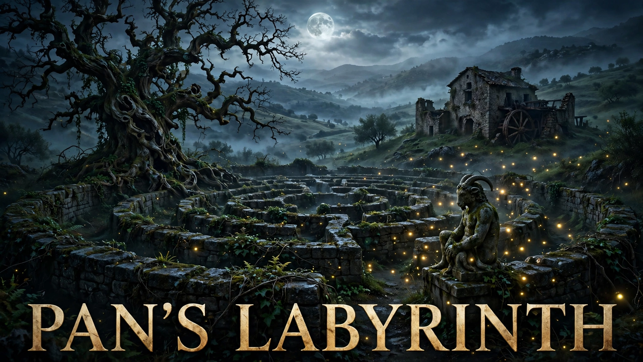 Original artwork of a young girl holding a book at the entrance of an ancient stone labyrinth in a dark forest, inspired by Pan's Labyrinth