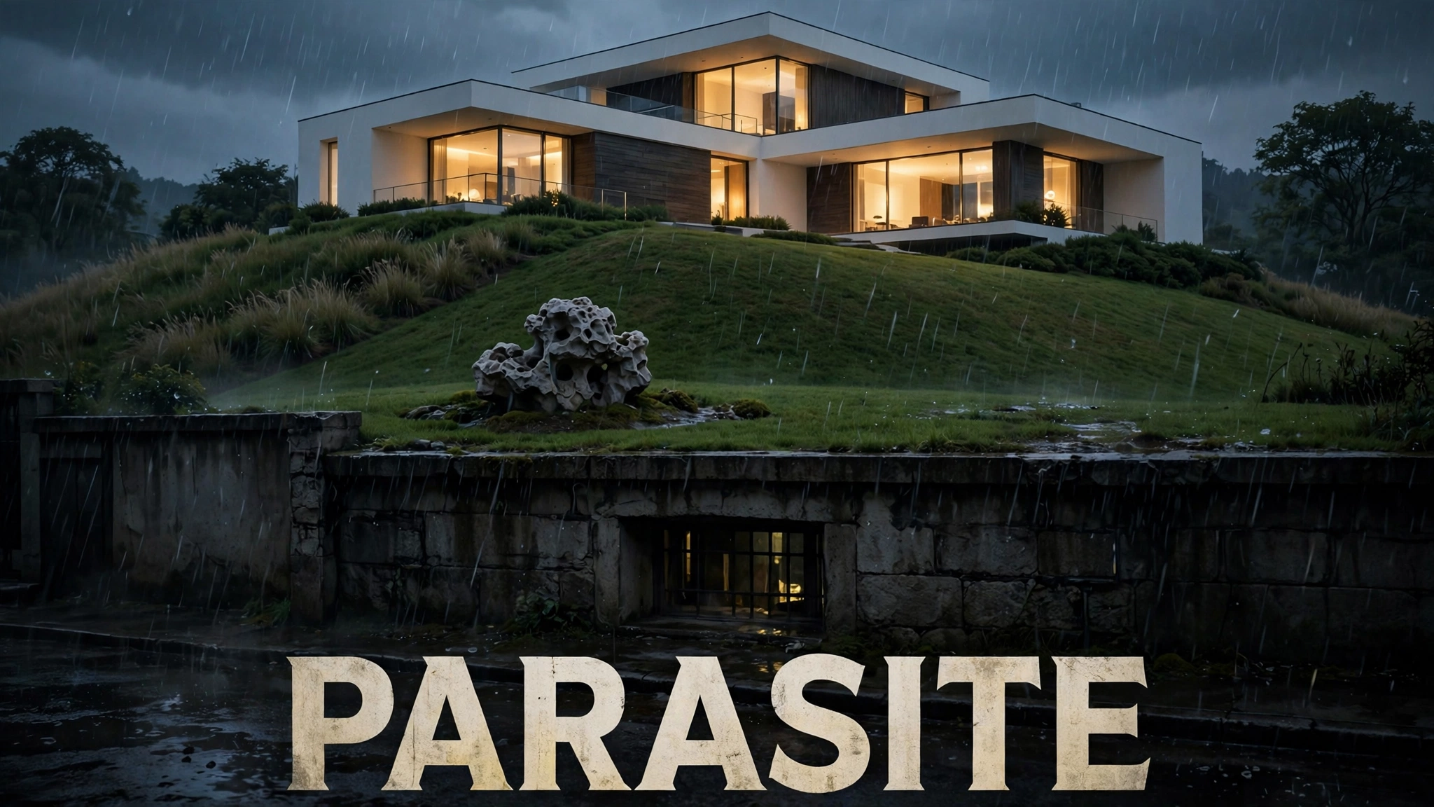 Original artwork of a grand modern house above a flooded semi-basement flat in Seoul at night, inspired by Parasite