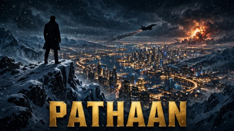 Original artwork of a rugged spy standing on a snowy mountain ridge with a helicopter in the distance, inspired by Pathaan