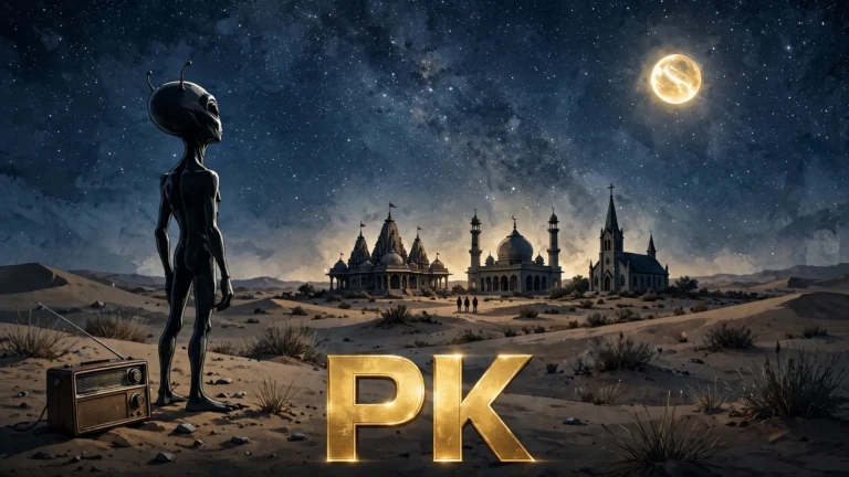Original artwork of a bewildered visitor holding a radio in a crowded Indian city, inspired by PK