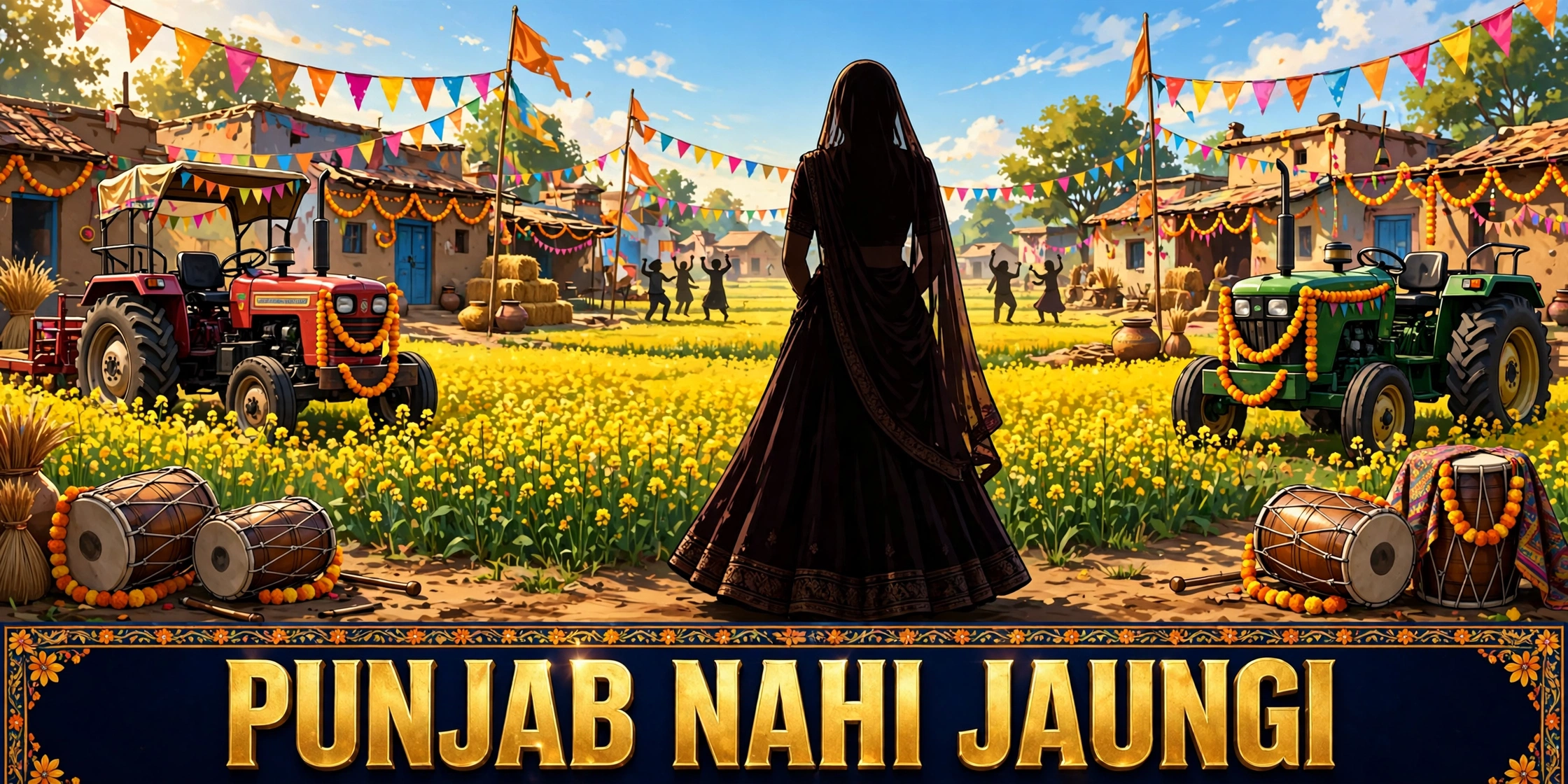 Original artwork of a proud Punjabi landowner and a modern city woman facing each other at a grand Faisalabad wedding celebration, inspired by Punjab Nahi Jaungi