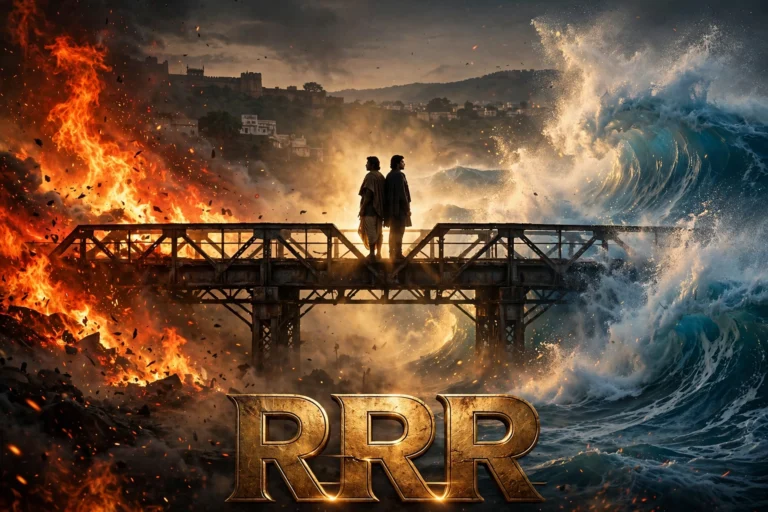 Original artwork of two revolutionary warriors, one wreathed in flame and one in water, charging side by side against a colonial-era backdrop, inspired by RRR