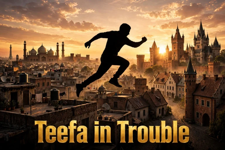 Original artwork of a leather-jacketed Lahori fixer sprinting across a Warsaw rooftop at dusk, inspired by Teefa in Trouble