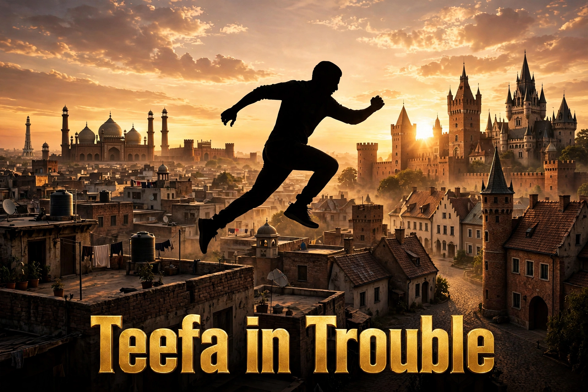 Original artwork of a leather-jacketed Lahori fixer sprinting across a Warsaw rooftop at dusk, inspired by Teefa in Trouble