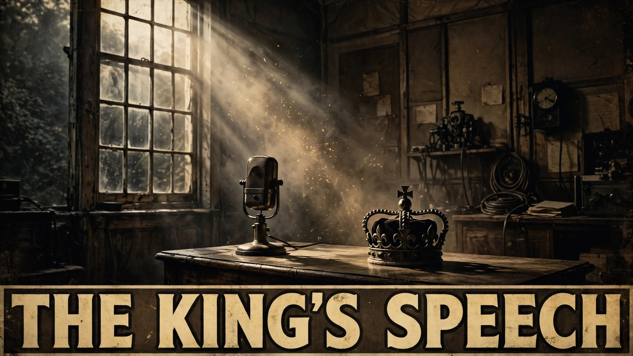 Original artwork of a 1930s king in formal dress standing nervously before a large BBC radio microphone in a wood-panelled studio, inspired by The King's Speech
