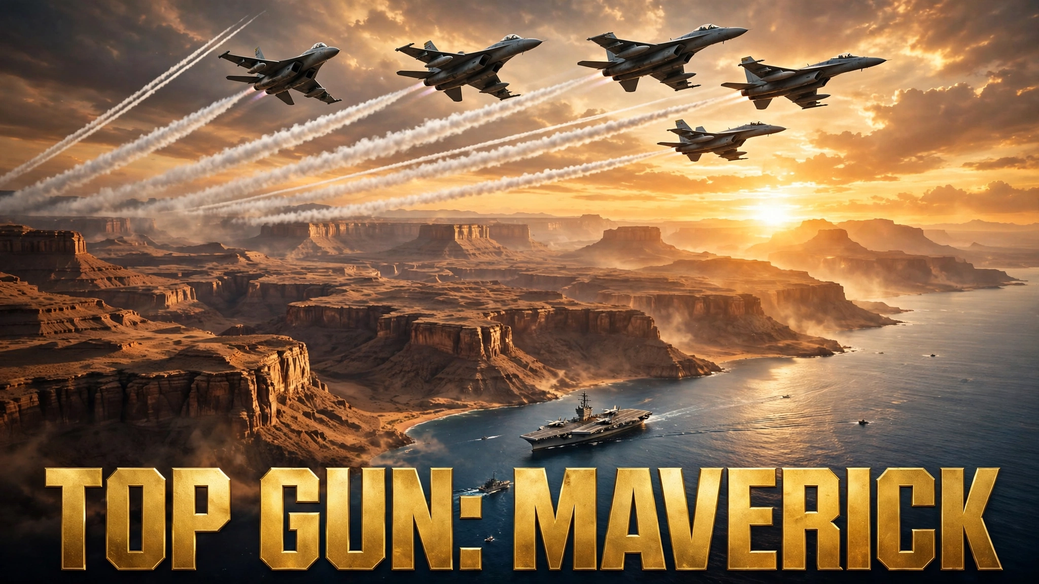 Original artwork of fighter jets streaking across a bright sunset sky leaving contrails, inspired by Top Gun: Maverick