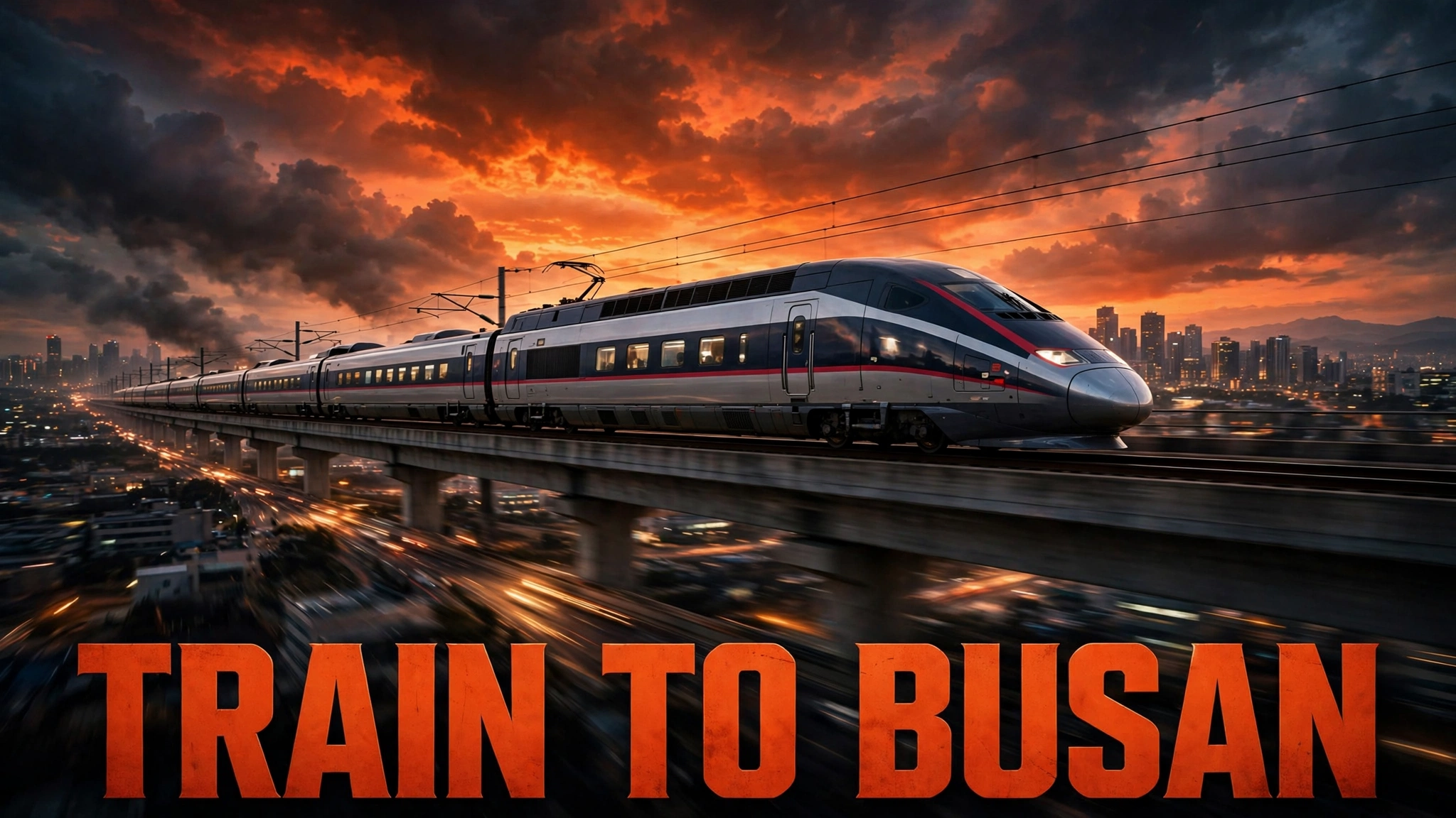 Original artwork of a high-speed train racing through South Korea at dawn with passengers silhouetted in the windows, inspired by Train to Busan