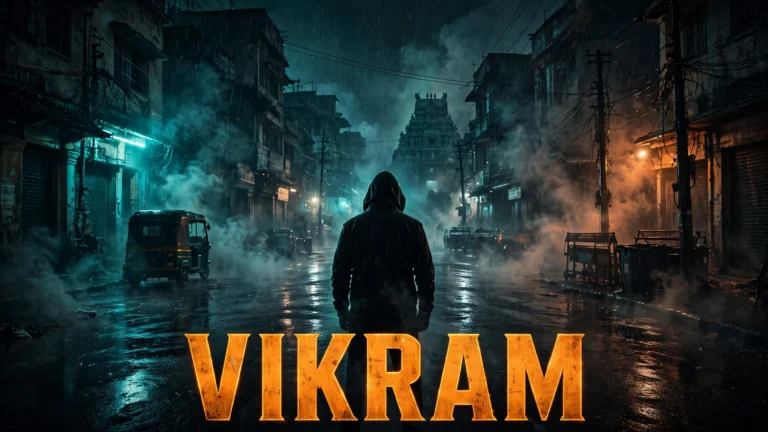 Original artwork of a masked special-ops veteran with a rifle standing in rain-soaked Chennai streets lit by neon, inspired by Vikram